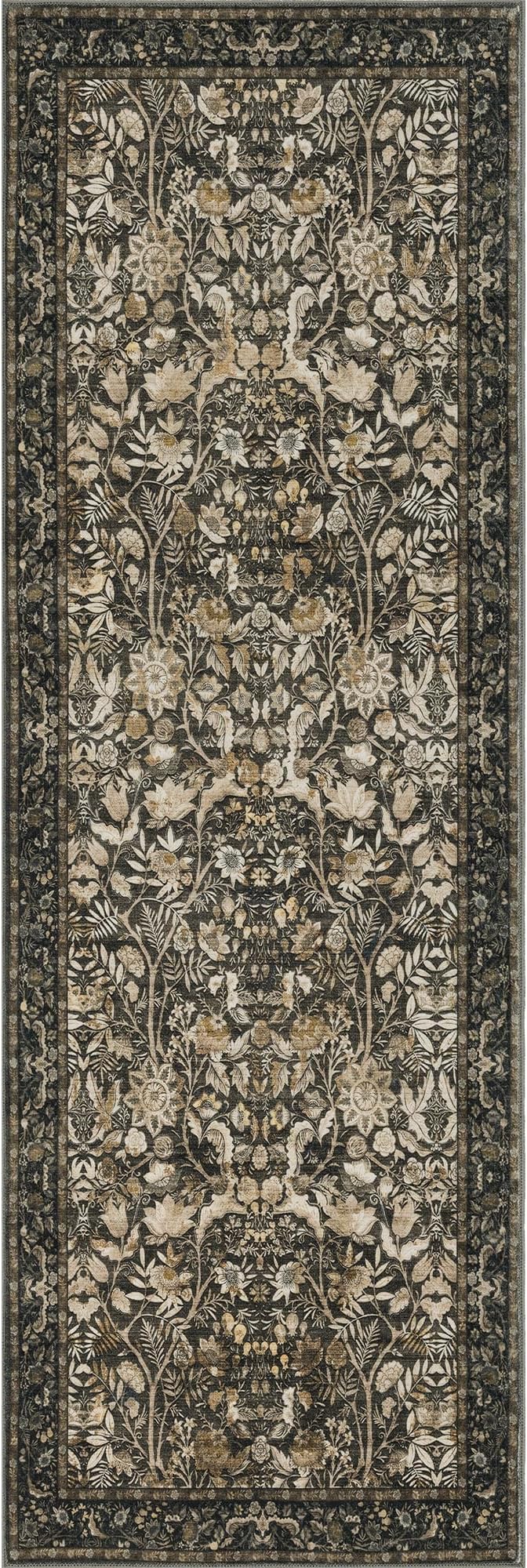 Washable Runner Rug 2x6: Vintage Boho Floral Carpet Runners for Hallway Entryway Non-Slip - Soft Botanical Low Pile Thin Mat for Kitchen Bathroom Bedroom Laundry Floor Decor - Dark Brown