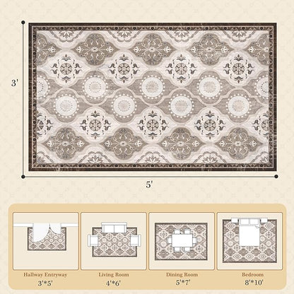 EnHomee Area Rugs 3x5, Soft Washable Rugs for Living Room Bedroom, Boho Non Slip Low Pile Stain Resistant Washable Rug Large Carpet for Dining Room,Easy to Clean Living Room Rug, Khaki
