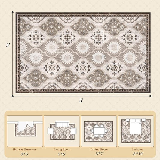 EnHomee Area Rugs 3x5, Soft Washable Rugs for Living Room Bedroom, Boho Non Slip Low Pile Stain Resistant Washable Rug Large Carpet for Dining Room,Easy to Clean Living Room Rug, Khaki