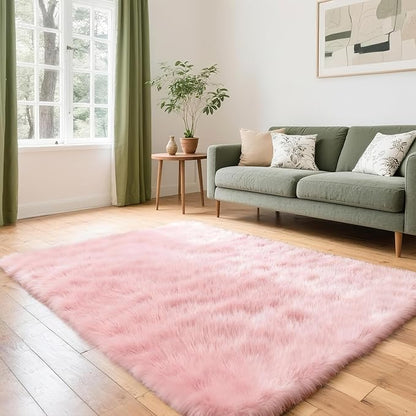 4x6 Solid Fluffy Pink Area Rug – Washable, Durable, Living Room Rug, Non-Slip High Pile Shag Rugs for Bedroom, Living Room, Bedside, Dorms, Nursery Rooms, Kids Room, Soft Indoor Floor Carpet