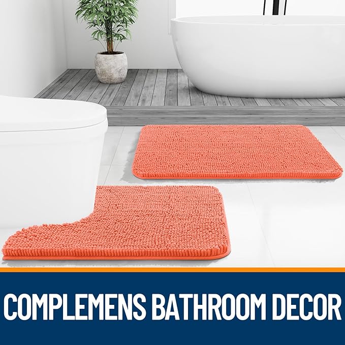 OLANLY Bathroom Rugs 47x20, Extra Soft Absorbent Chenille Bath Rugs, Rubber Backing Quick Dry, Machine Washable Bath Mats for Bathroom Floor, Tub and Shower, Home Decor Accessories, Coral