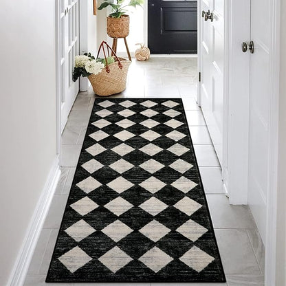 Lahome Moroccan Trellis Runner Rug - 2x6 Washable Black Bathroom Runner Rug Laundry Room Carpet Runners, Modern Soft Non Slip Indoor Floor Accent Mat for Bedside Kitchen Hall Bar Entryway RV