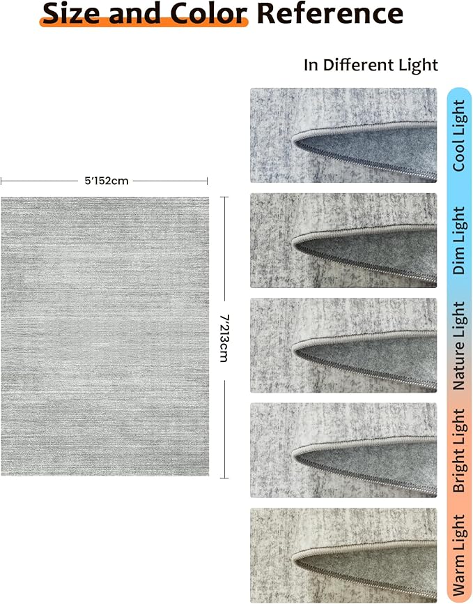 Art&Tuft Washable Rugs 5x7, Low Pile Area Rugs for Living Room - Non Slip and Stain Resistant Soft Thin 5x7 Rug for Bedroom, Dining Room, Kitchen, Office, Grey