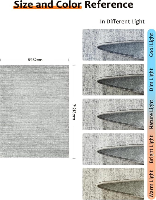 Art&Tuft Washable Rugs 5x7, Low Pile Area Rugs for Living Room - Non Slip and Stain Resistant Soft Thin 5x7 Rug for Bedroom, Dining Room, Kitchen, Office, Grey