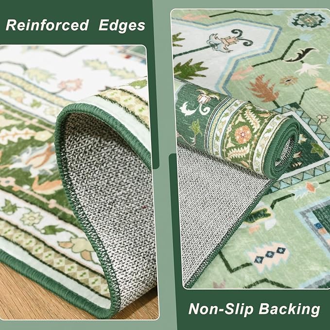 6x9 Green White Area Rug for Living Room, Machine Washable Rugs with Non-Slip Backing for Bedroom, Vintage Medallion Carpet Dining Room Office Kids Room Decor