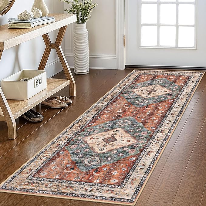 KOZYFLY Runners for Hallways 2x6 Ft Washable Kitchen Runner Rug Boho Runner Rug for Entryway Indoor Rust/Orange/Blue Printed Oriental Faux Wool Floor Carpet Runner for Bedroom Kitchen Hall
