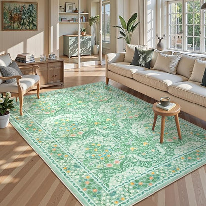 Lahome Floral Washable Area Rugs 5x7, Soft Green Rugs for Living Room Bedroom, Boho Non Slip Low Pile Forest Stain Resistance Large Throw Carpet for Farmhouse Dining Room Office,Sage Green