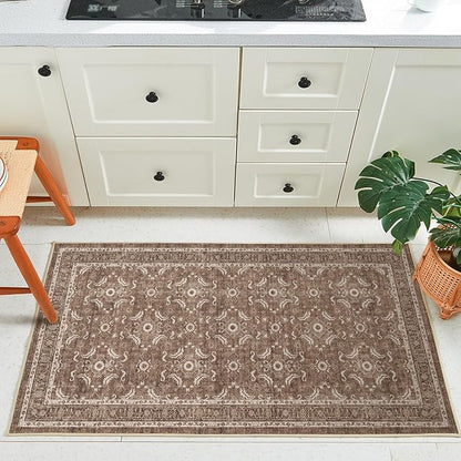 WITSHOCK Washable 2x4 Entryway Area Rug, Soft Non-Slip Rugs Vintage Flower Accent Small Rugs for Bedroom, Kitchen, Living Room, Nursery Entrance, Dark Brown