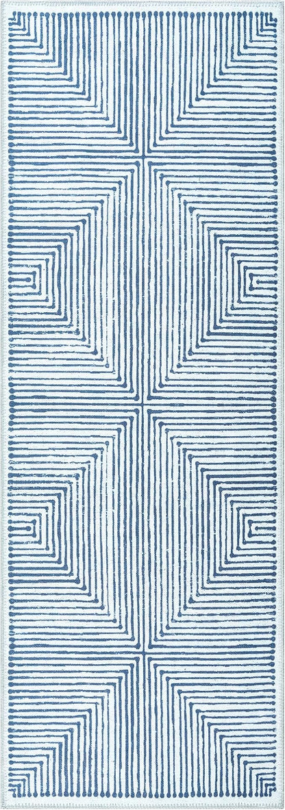 Bloom Rugs Washable Non-Slip 10 ft Runner - Blue/Ivory Striped Runner for Entryway, Hallway, Bathroom, and Kitchen - Exact Size: 2.5' x 10'