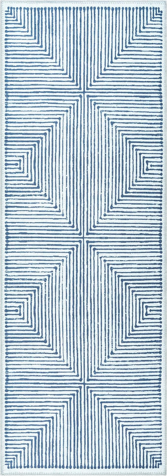 Bloom Rugs Washable Non-Slip 12 ft Runner - Blue/Ivory Striped Runner for Entryway, Hallway, Bathroom, and Kitchen - Exact Size: 2.5' x 12'