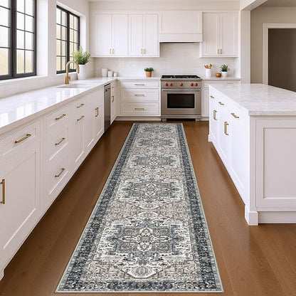 KOZYFLY Runners for Hallways 3x14 Ft Extra Long Washable Faux Wool Stair Thin Runner Rug Printed Hallway Carpet for Entryway Bedroom Stairs Kitchen Floor Accent, Black/Taupe/Beige