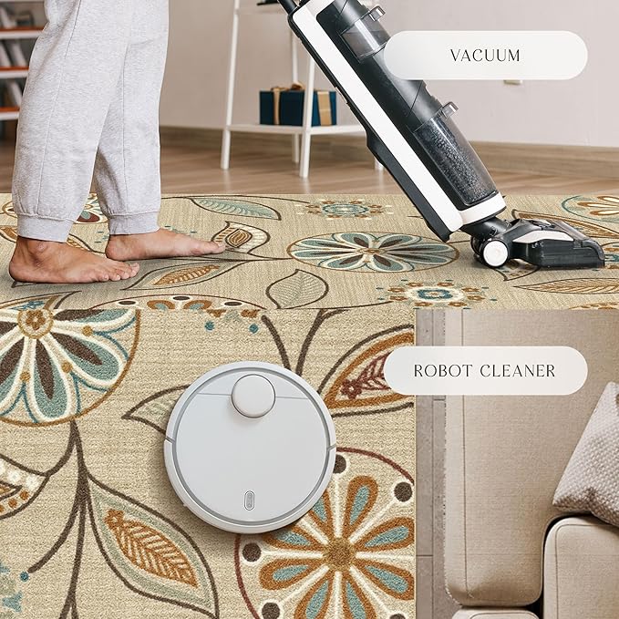 Maples Rugs Reggie Floral Runner Rug - Made in USA - Washable, Non Slip Indoor Carpet for Kitchen, Hallway, and Laundry Room, 2' x 10', Beige