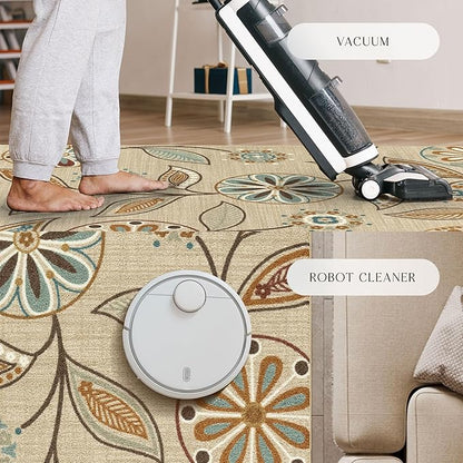Maples Rugs Reggie Floral Runner Rug - Made in USA - Washable, Non Slip Indoor Carpet for Kitchen, Hallway, and Laundry Room, 2' x 9', Beige
