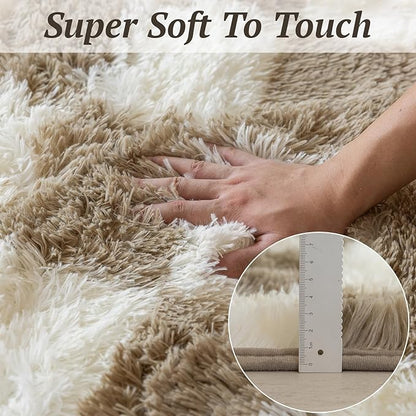 5x7 Area Rugs for Living Room Bedroom, Soft Fluffy Shaggy Bedside Rug, Indoor Floor Carpet for Kids Playroom, Dorms, Nursery Rooms, Home Decor (Camel & White 5'x7')