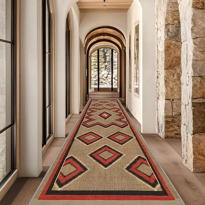Brown Base Red Black Diamond Runner Rug, 1.3x7ft Zigzag Pattern Hallway Runner Rug, Corridor & Foyer High-Traffic Area Rugs, Durable Flannel Carpet Non-Slip Mat, Southwestern Home Decor