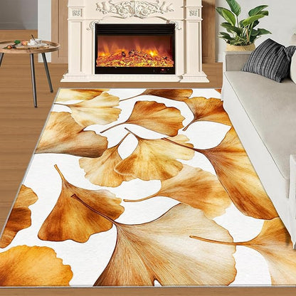 Golden Leaf Rugs for Bedroom - 4x5 Area Rug - 3D Ginkgo Leaf Rugs for Living Room, Modern Simple Art Rug, Non-Slip Washable Home Decor Carpet