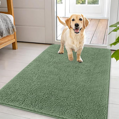 OLANLY Dog Door Mat for Muddy Paws 44x32, Absorbs Moisture and Dirt, Absorbent Non-Slip Washable Doormat, Quick Dry Chenille Mud Mat, Entry Indoor Entryway Carpet for Inside Floor, Olive Green
