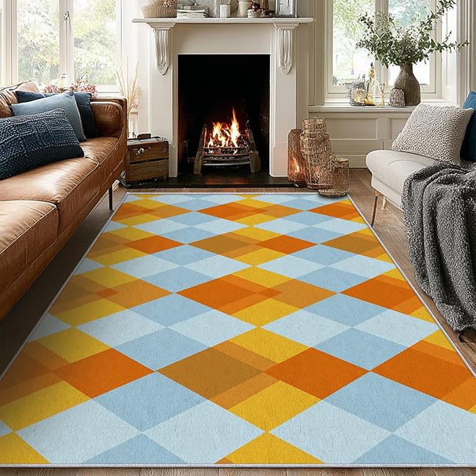Washable 4x4 Diamond Rug Living Room, Geometric Orange and Blue Plaid Design Area Rugs for Bedroom, Diamond Home Decor Carpet, Low Pile, Non Slip, Kids & Pet Friendly (N4137)