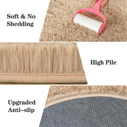 Soft Fluffy Area Rug for Bedroom, Fuzzy Shaggy Oval Throw Rugs for Bedside, Non-Slip Cozy Plush Shag Carpet for Kids Room Nursery Dorm Living Room, Beige, 2.6 x 5.3 Feet, 2 Packs