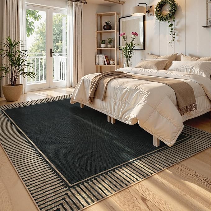 Moynesa Striped Border Easy Jute Outdoor Rug 8x10, Washable Indoor Outdoor Patio Area Rugs for Living Room Non Slip, Modern Classic Farmhouse Carpet for Dining Room Table, Black