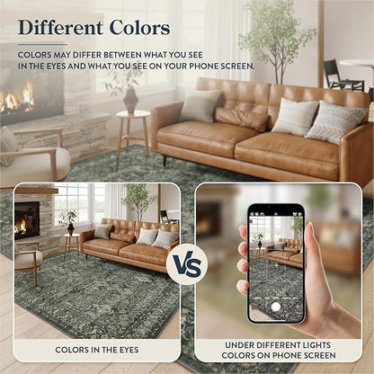 Lahome Boho Green Area Rugs 9x12 Living Room,Washable Large Rugs for Bedroom Aesthetic,Vintage Distressed Non Slip Low Pile Dining Room Rug Carpet for Home Office Playroom(9'x12',Green)