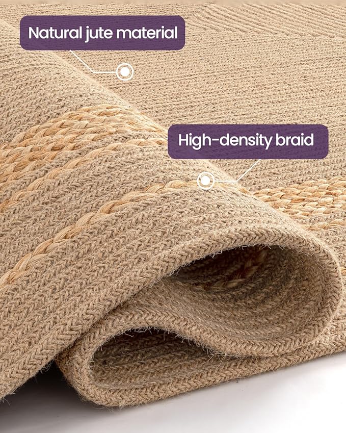 DEXI Jute Rug Natural Fiber 5x8, Braided Woven Area Rugs No Shed, Soft Neutral Rustic Carpet Mat for Indoor Entryway Outdoor Patio Dining Living Room Bedroom Farmhouse, Beige/Natural