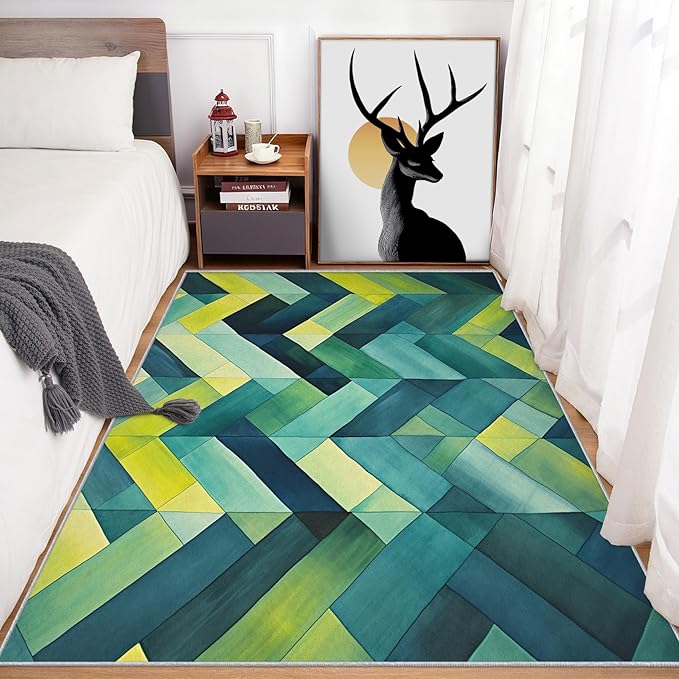 4x5 Geometric Zigzag Rugs for Bedroom Decor, Washable Green Chevron Pattern Area Rug, Living Room Home Decoration, Non Slip Soft Thin, Modern Abstract Geometry Decor Carpet PF-P 49
