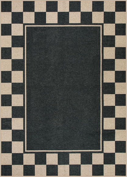 Moynesa Checkered Easy Jute 5x7 Area Rugs for Living Room, Washable Outdoor Patio Rug for Backyard Porches Non Slip, Black Farmhouse Carpet for Dining Room Balcony