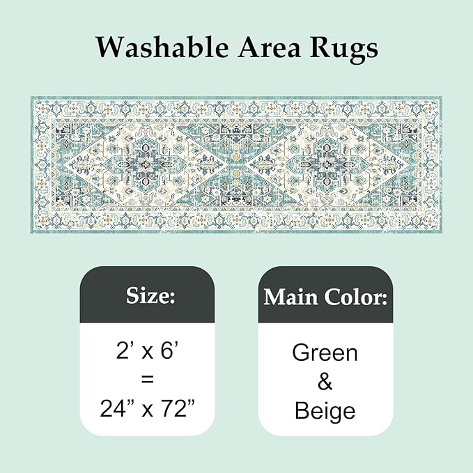 VK VK·LIVING Machine Washable Rug 2'x6' Vintage Design Washable Runner Area Rugs with Non Slip Rugs for Living Room Bedroom Traditional Woven Carpet Stain Resistant Dining Boho Rug, Green&Beige