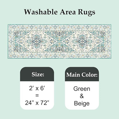 VK VK·LIVING Machine Washable Rug 2'x6' Vintage Design Washable Runner Area Rugs with Non Slip Rugs for Living Room Bedroom Traditional Woven Carpet Stain Resistant Dining Boho Rug, Green&Beige