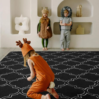Amearea Fluffy Indoor Trellis Rug, Soft Moroccan Home Rugs for Bedroom, Shag Modern Area Rug for Living Room Kids Room Nursery, Easy Clean, Home Decor Low Pile Carpet, Black 4x6 Feet