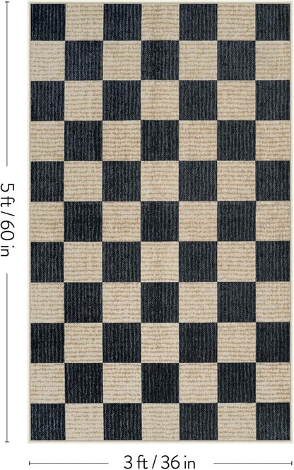 LIVEBOX 3x5 Washable Area Rug Checkered, Non-Slip Small Entryway Rug Black Farmhouse Neutral Classic Geometric Boys Rug for Bedroom Living Room Low-Pile Carpet for Indoor Kitchen Bathroom(Black 3'x5')