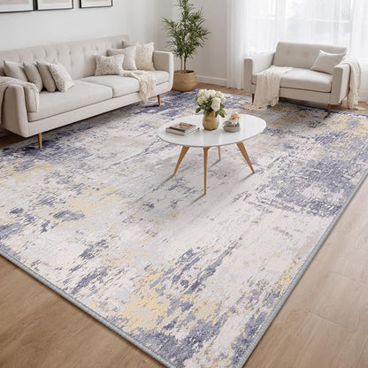 Washable Area Rugs 9'x12' Non-Slip Modern Abstract Soft for Living Room Entryway Bedroom Nursery, Print Pattern, Purple Grey Cream Yellow