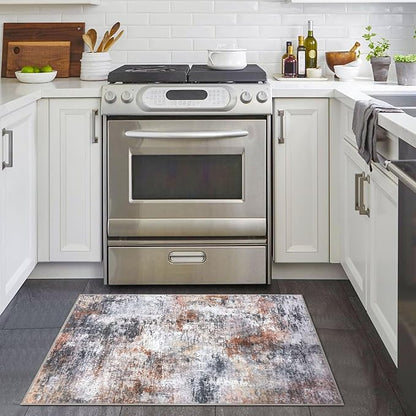 Modern Abstract Entryway Rug Indoor 2x3 Washable Non-Slip Soft Grey Orange Colorful Small Area Rug Kitchen Mat Thin Print Faux Wool Floor Carpet for Entrance Bedroom Office