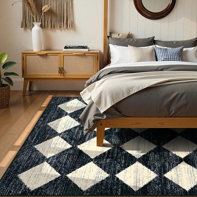Lahome Machine Washable Area Rug 6x9, Soft Large Bedroom Rug Non Slip Living Room Rugs Dining Room Rugs for Under Table, Moroccan Trellis Printed Black and White Indoor Carpet for Den Dorm Playroom