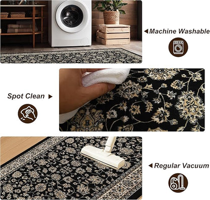XWZO Entryway Area Rug 2x3ft — Soft Low Pile Door Floor Mat with Non-Slip Backing for Bedroom Bathroom Kitchen Laundry, Spill Resistant Washable Small Indoor Carpet for Doorway & Entrance, Black
