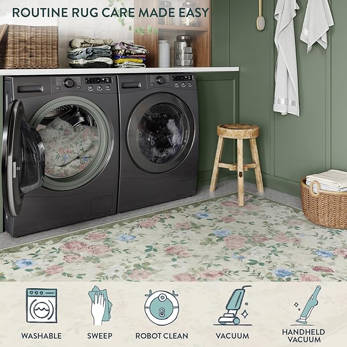 Lahome Floral Washable 5x7 Rug, Boho Area Rug for Bedroom,Vintage Living Room Rugs Non Slip Low Pile Ultra-Thin Large Carpet for Farmhouse,Dining Room,Kids Playroom(5'X7',Cream/Green)