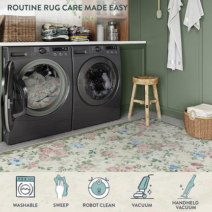 Lahome Floral Washable 5x7 Rug, Boho Area Rug for Bedroom,Vintage Living Room Rugs Non Slip Low Pile Ultra-Thin Large Carpet for Farmhouse,Dining Room,Kids Playroom(5'X7',Cream/Green)