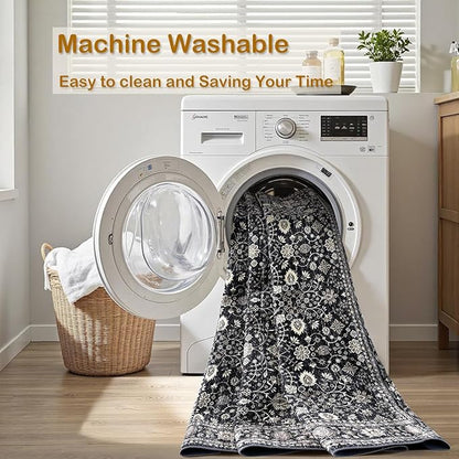 Washable Rug 9x12,Boho Vintage Oriental Washable Rugs,Collapsible Area Rug for Bedroom, Entryway, Kitchen, Bathroom