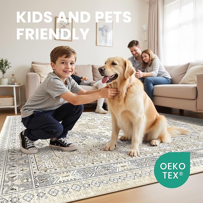 zesthome 8x10 Area Rugs for Living Room,Non-Slip Backing Washable Rugs,Vintage Large Area Rug，Stain Resistant Home Decor Rug (Beige,8'x10')