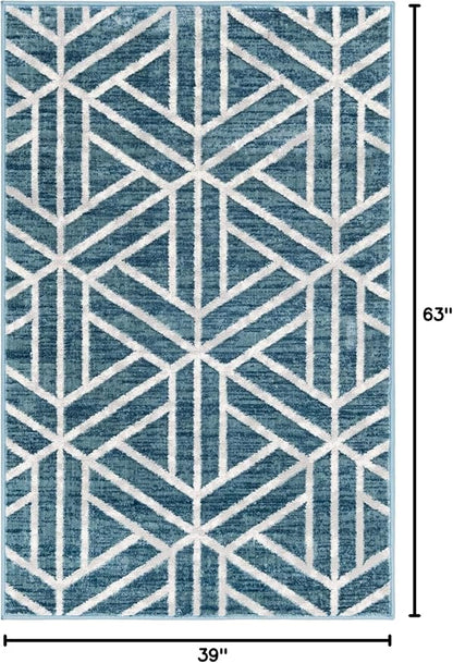Rugs.com Lattice Trellis Collection Rug – 3' x 5' Blue Low-Pile Rug Perfect for Living Rooms, Large Dining Rooms, Open Floorplans