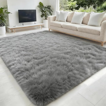 5x7 Solid Fluffy Grey Area Rug – Washable, Durable,Large Living Room Rug, Non-Slip High Pile Shag Rugs for Bedroom, Bedside, Dorms, Nursery Rooms, Kids Room, Soft Indoor Floor Carpet Decor