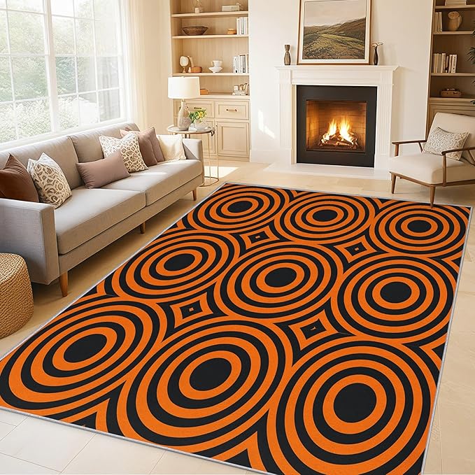 6x9 Geometric Circle Rugs for Bedroom Decor, Washable Retro 60s 70s Geometry Pattern Area Rug, Living Room Home Decoration, Non Slip Soft Thin, Black Orange Decor Carpet PF-P 49