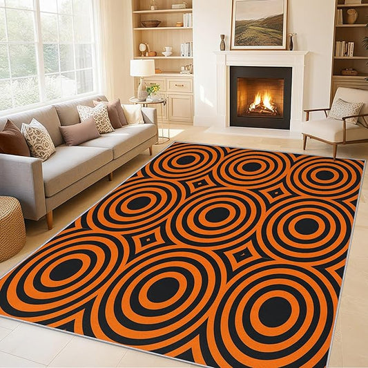 8x12 Geometric Circle Rugs for Bedroom Decor, Washable Retro 60s 70s Geometry Pattern Area Rug, Living Room Home Decoration, Non Slip Soft Thin, Black Orange Decor Large Carpet PF-P 49
