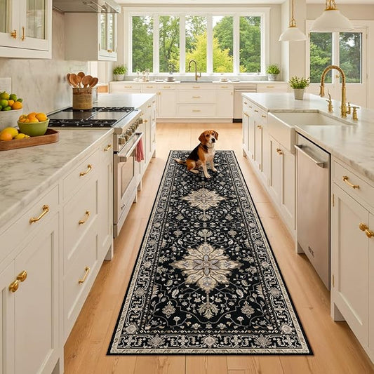 Area Rugs 2'x8' Washable Non-Slip, Floral Vintage Distress Print Pattern Medallion Carpet for Living Room Bedroom Dining Room, Black Brown Neutral Dark Tan