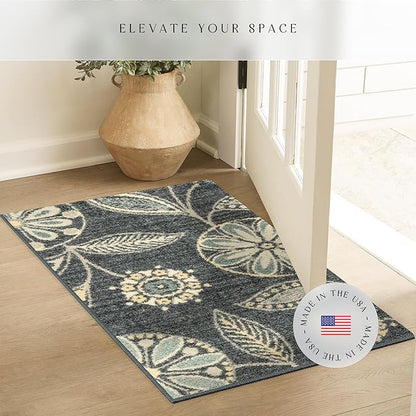 Maples Rugs Reggie Floral Runner Rug - Made in USA - Washable, Non Slip Indoor Carpet for Kitchen, Hallway, and Laundry Room, 4' x 1'8, Persian Blue