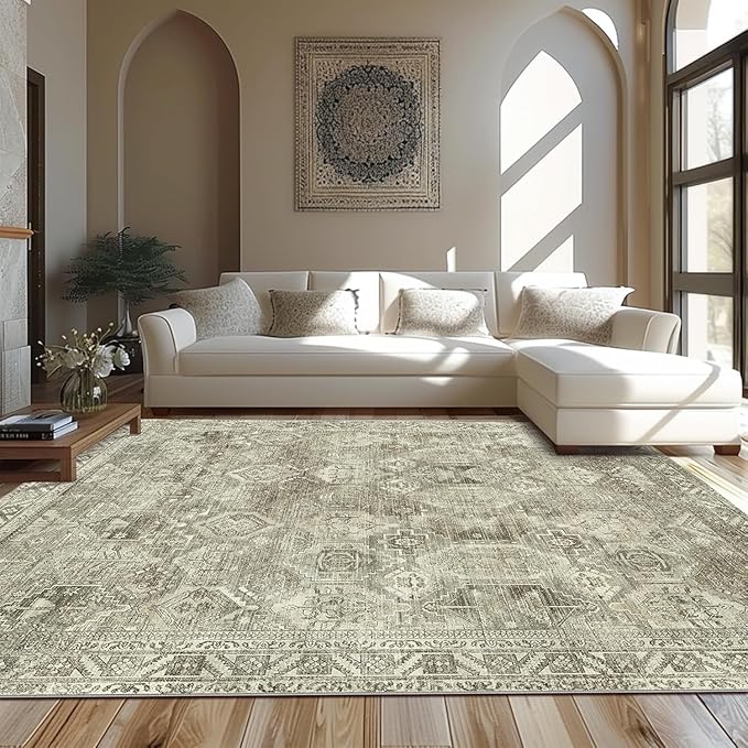 Bavni Area Rug 6x9 Machine Washable Vintage Distressed Print Ultra-Thin Chenille Bedroom Living Room Accent Rug, Low Pile Lightweight Non Slip with Gripper, Forgotten Sandstone