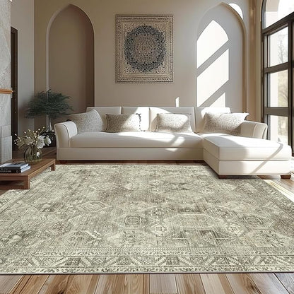 Bavni Area Rug 5x7 Machine Washable Vintage Distressed Print Ultra-Thin Chenille Bedroom Living Room Accent Rug, Low Pile Lightweight Non Slip with Gripper, Forgotten Sandstone