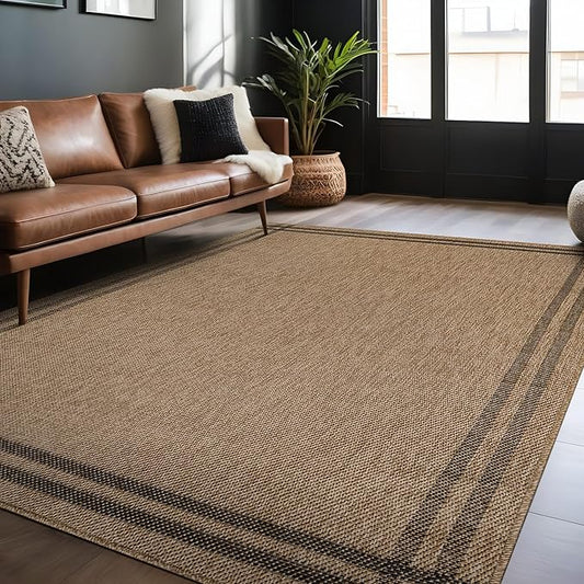 Easy Jute Rugs 5x7 Bordered Natural Color Living Room Indoor Outdoor Area Rug for Patio and Kitchen Rug High Traffic Washable Easy to Clean Solid Boho Woven Design Outside Carpet (5 x 7)