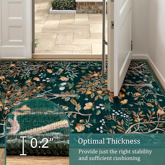 Morebes Boho Floral 2x6 Kitchen Runner Rug, Washable Rug Runners for Hallways Non Slip, Soft Botanical Flower Indoor Floor Carpet Runners for Bathroom Entryway Laundry Room, Dark Green